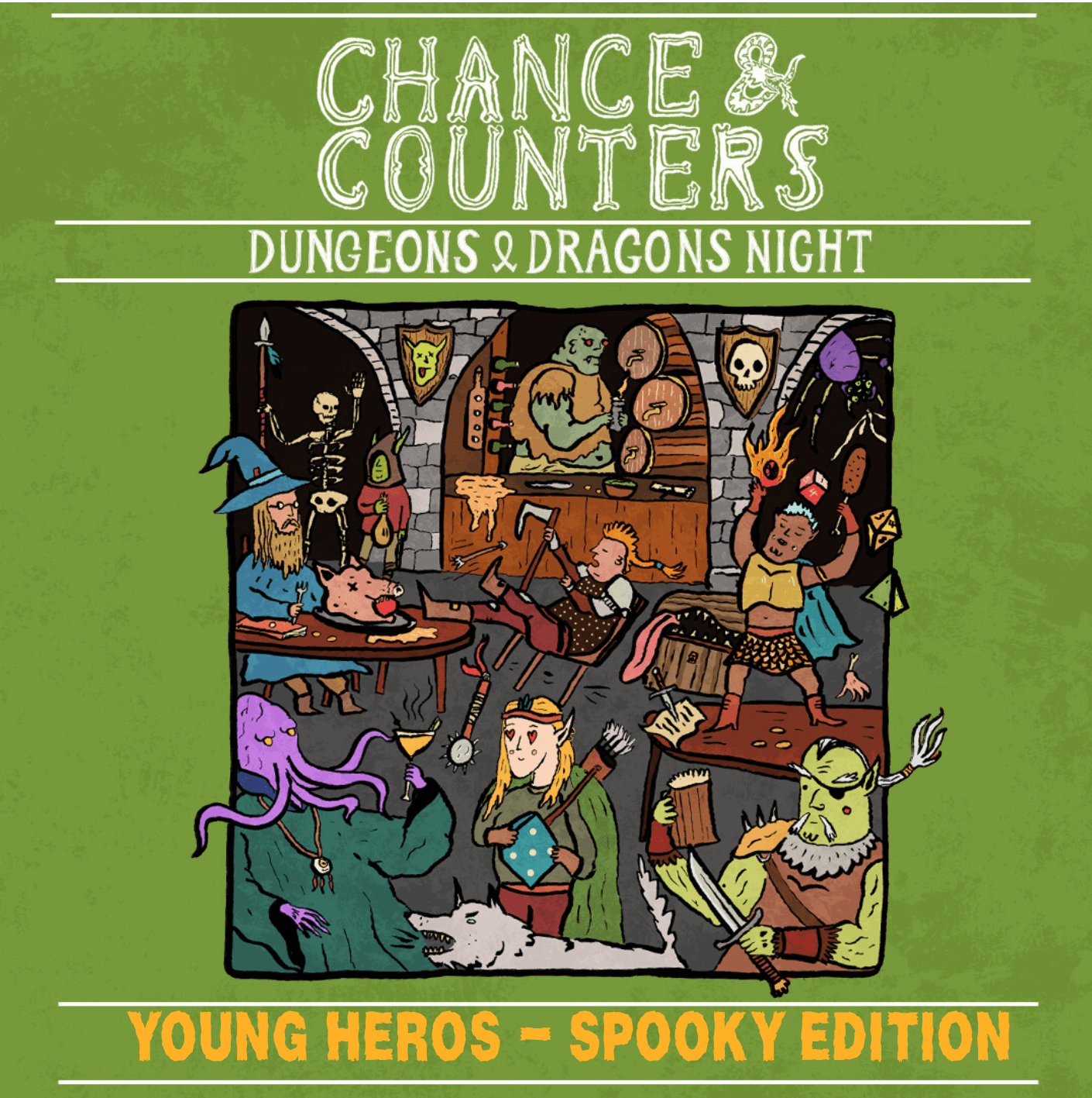 Green book cover featuring a detailed dungeon scene and the title 'Chance & Counters: Dungeons & Dragons Night' with 'Young Heroes – Spooky Edition' at the bottom text strip.