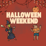 Halloween - Chance & Counters Halloween-themed illustration with a witch on the left holding a broom and a glass of wine, a smiling pumpkin on the right, bats flying, and large beige text reading 'HALLOWEEN WEEKEND' across a red-orange background.