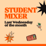 Poster-style graphic with bold orange 'STUDENT MIXER' text on a peach background, plus a black starburst and small illustrations.