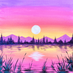 Sunset over a lake with a full moon, purple mountains, and pine trees reflected on the water; foreground reeds frame the scene.