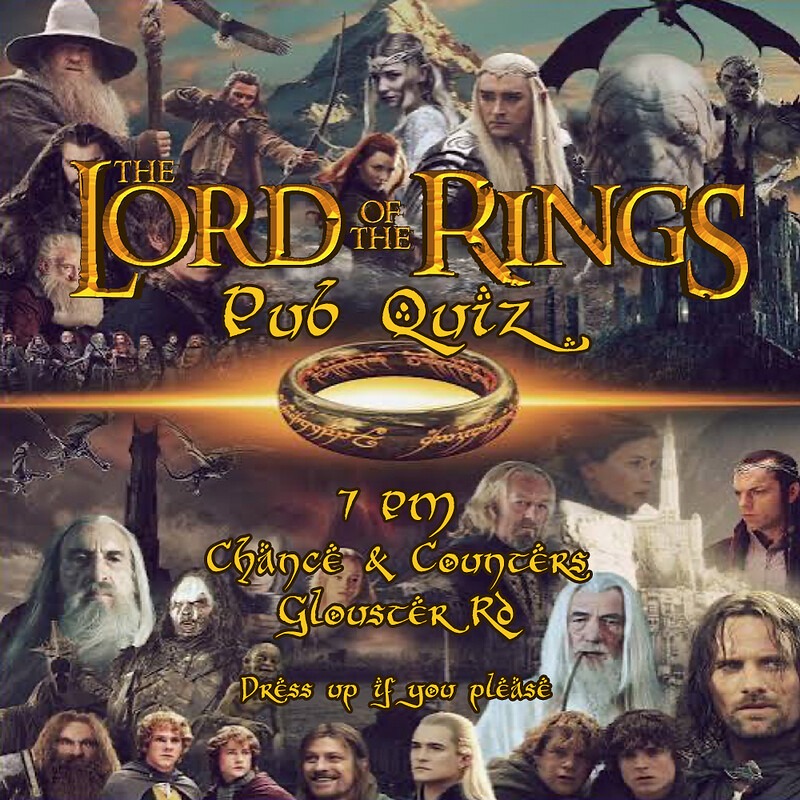 LOTR Pub Quiz poster with a collage of characters, glowing ring, and event details.