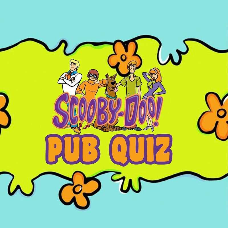 Bright poster for 'Scooby-Doo! Pub Quiz' with the Mystery Inc. gang (Scooby-Doo and friends) against a neon lime background.