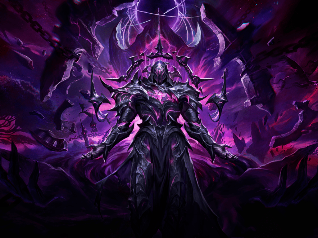 Armored dark sorcerer with jagged black armor glowing purple, standing in a foreboding purple landscape.