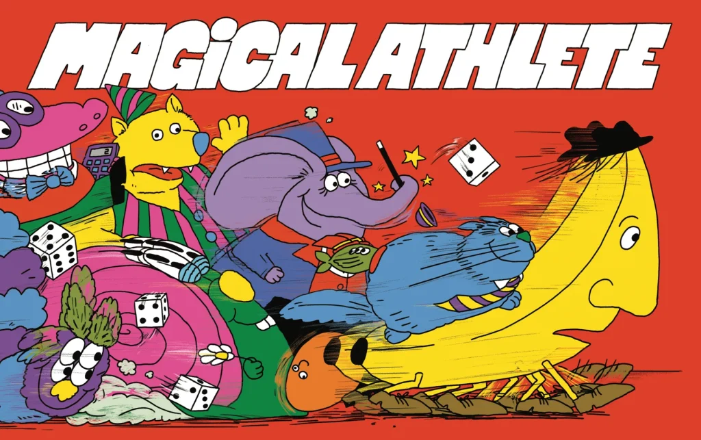 Colorful cartoon scene with various animals riding a yellow dragon on a red background, dice flying around.