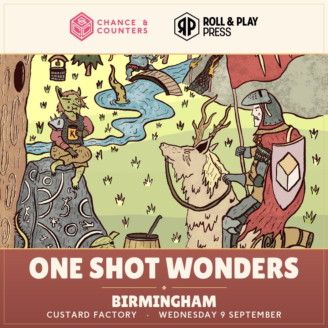 Poster for One Shot Wonders Birmingham featuring a cartoon knight on horseback and a deer by a river, with Chance & Counters and Roll & Play Press logos at top; event details at bottom.