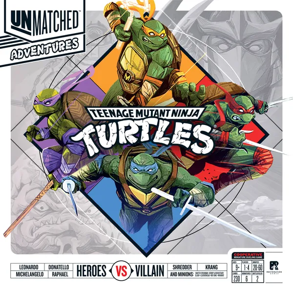 Cover art for Unmatched Adventures: Teenage Mutant Ninja Turtles; the four turtles leap in action within a diamond frame on a colorful game cover, with the logo prominently displayed.",