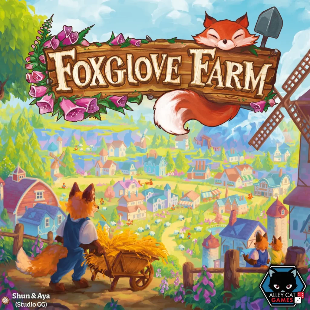 Colorful game cover showing a wooden sign reading 'Foxglove Farm' held by a leaping fox, with a bright village and windmill in the background.