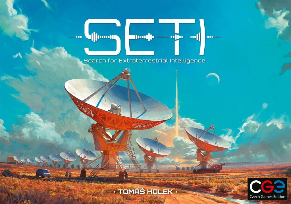 SETI game cover with large red radio dishes against a bright blue sky, title 'SETI' and subtitle 'Search for Extraterrestrial Intelligence' visible.