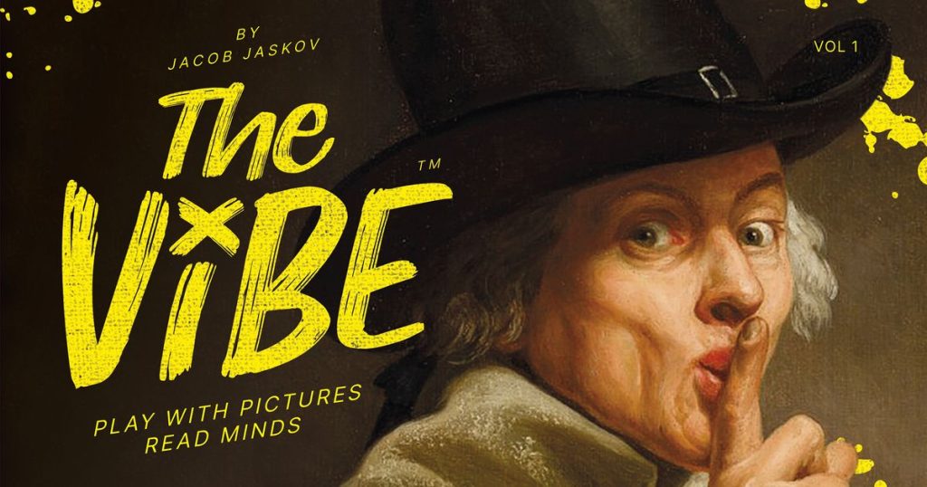Cover art for 'The Vibe' by Jacob Jaskov, showing a man in a black hat making a shushing gesture with bold yellow title text.