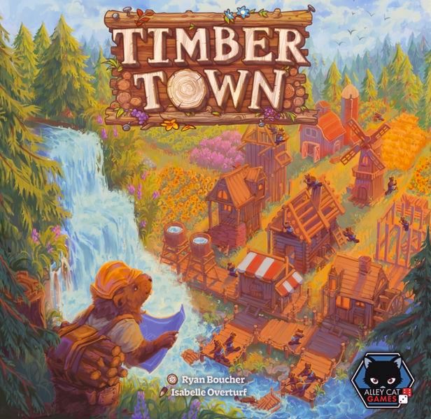 Timber Town board game cover showing a lumberjack looking over a colorful wooden village by a waterfall and forest backdrop.
